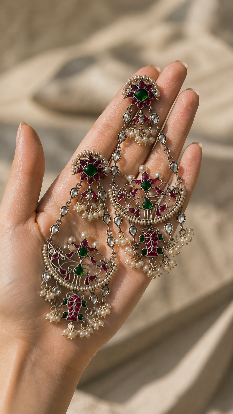 SILVER KUNDAN WHITE, RED & GREEN STONE EARRINGS