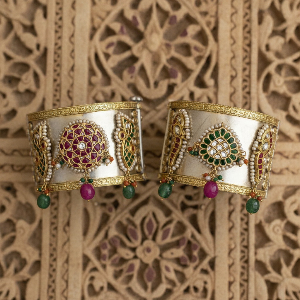 SILVER DUAL TONE POLISH RED, GREEN, CORAL, YELLOW, WHITE STONE BANGLE