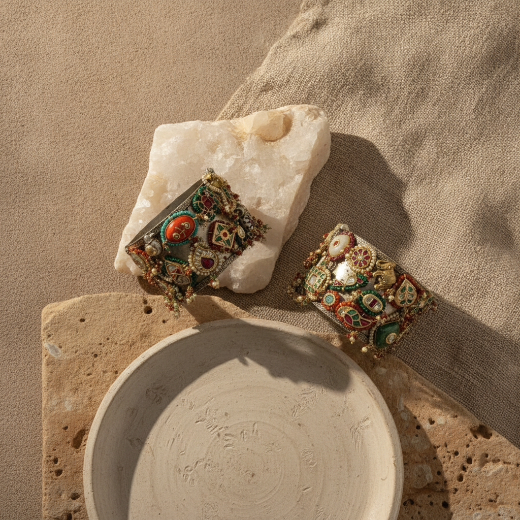 SILVER DUAL TONE POLISH RED, GREEN, CORAL, TURQUOISE, WHITE STONE BANGLE