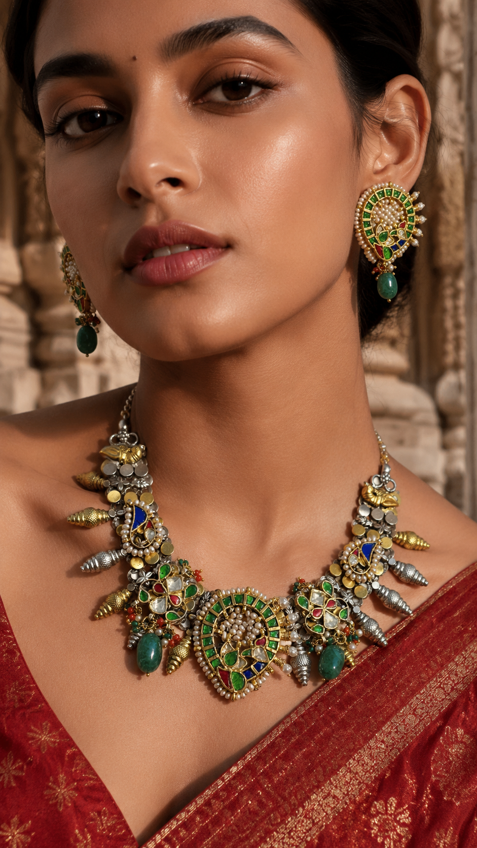 SILVER DUAL TONE POLISH RED, GREEN STONE NECKLACE SET