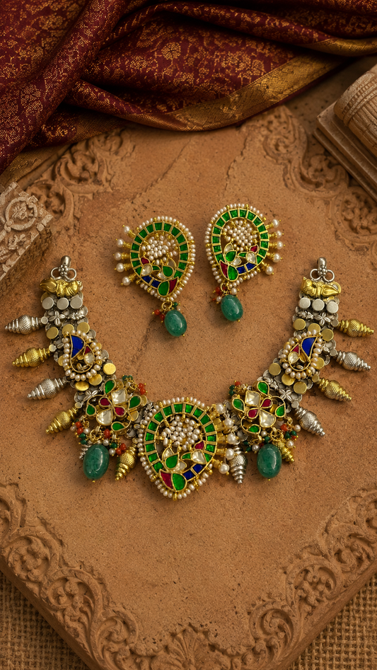 SILVER DUAL TONE POLISH RED, GREEN STONE NECKLACE SET