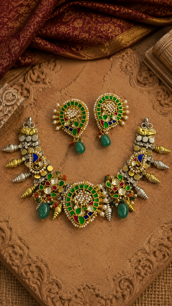 SILVER DUAL TONE POLISH RED, GREEN STONE NECKLACE SET