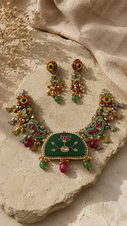 SILVER DUAL TONE POLISH RED, GREEN, TURQUOICE & CORAL STONE NECKLACE SET