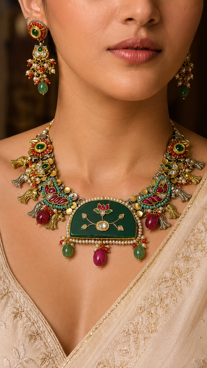 SILVER DUAL TONE POLISH RED, GREEN, TURQUOICE & CORAL STONE NECKLACE SET