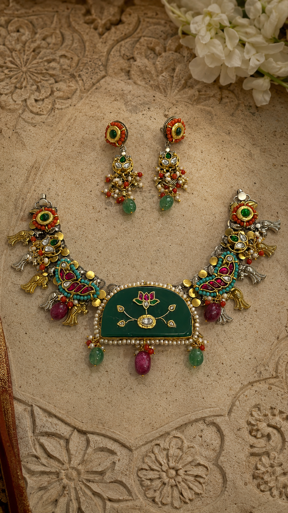 SILVER DUAL TONE POLISH RED, GREEN, TURQUOICE & CORAL STONE NECKLACE SET