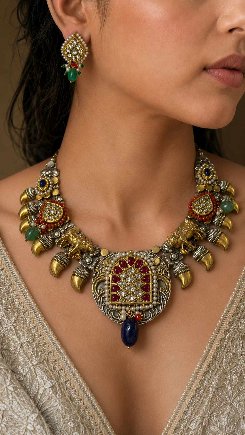 SILVER DUAL TONE POLISH RED, WHITE, CORAL & BLUE STONE NECKLACE SET