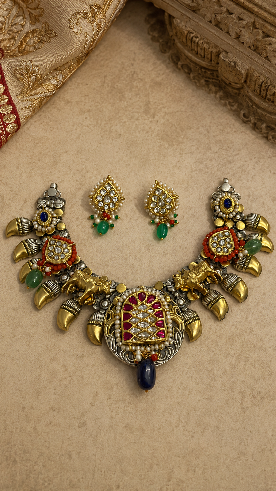 SILVER DUAL TONE POLISH RED, WHITE, CORAL & BLUE STONE NECKLACE SET