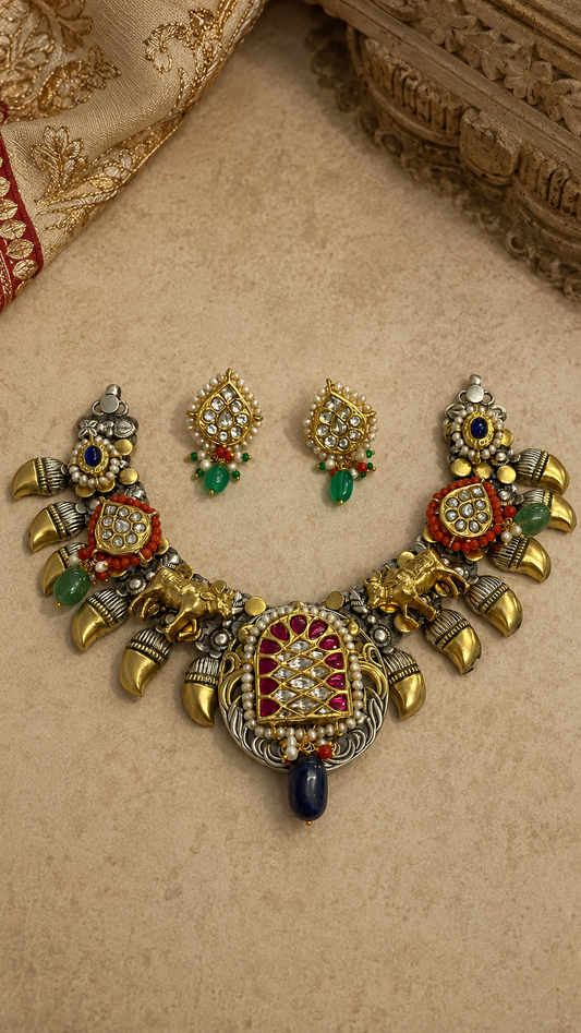 SILVER DUAL TONE POLISH RED, WHITE, CORAL & BLUE STONE NECKLACE SET