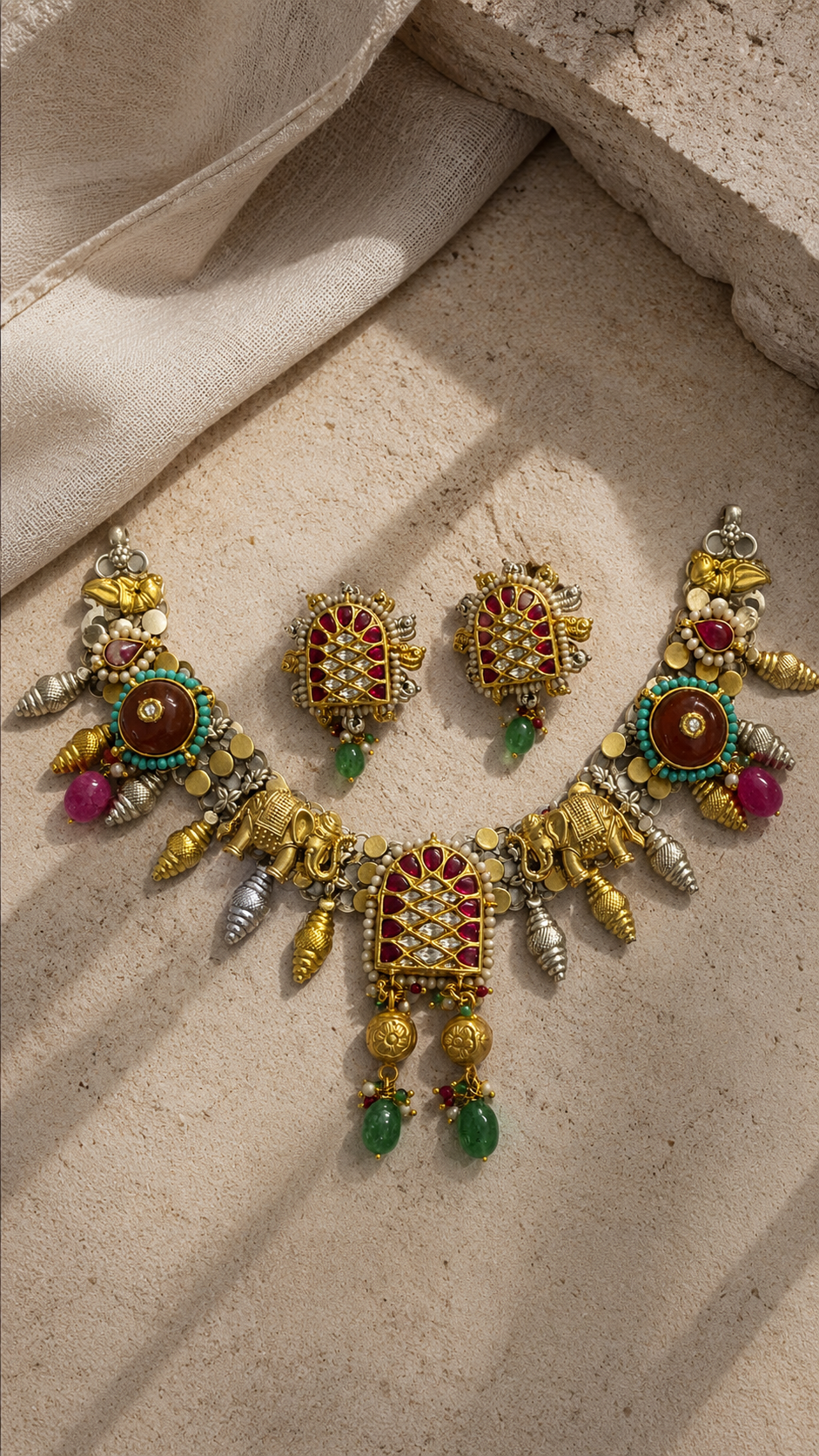SILVER DUAL TONE POLISH RED, GREEN, TURQUOICE STONE NECKLACE SET
