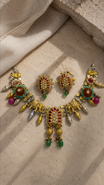 SILVER DUAL TONE POLISH RED, GREEN, TURQUOICE STONE NECKLACE SET