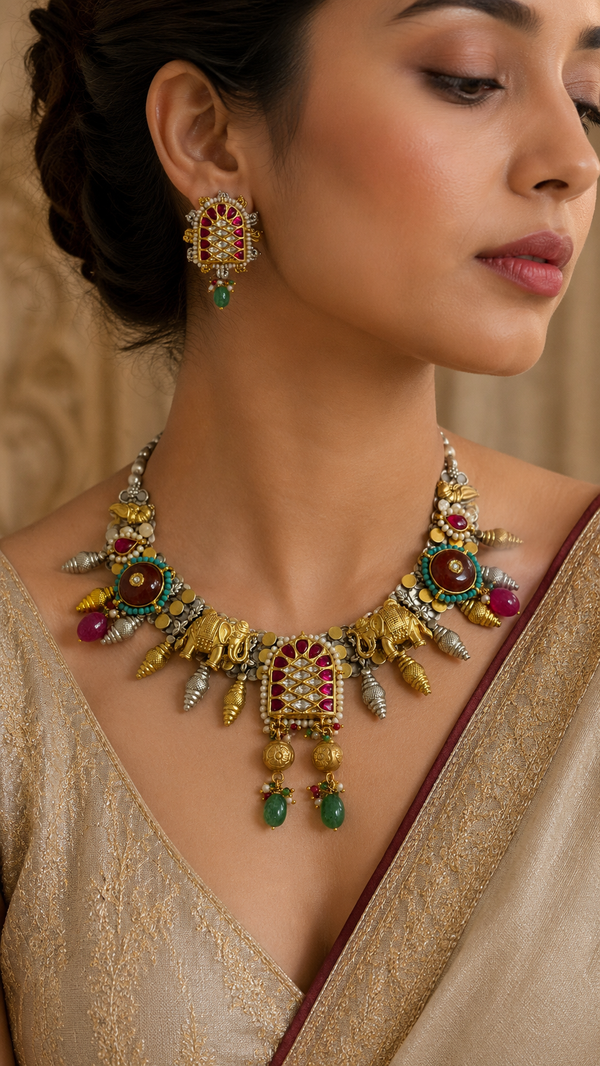 SILVER DUAL TONE POLISH RED, GREEN, TURQUOICE STONE NECKLACE SET