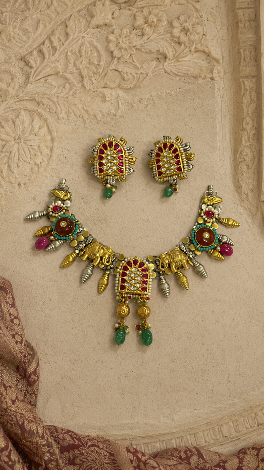 SILVER DUAL TONE POLISH RED, GREEN, TURQUOICE STONE NECKLACE SET