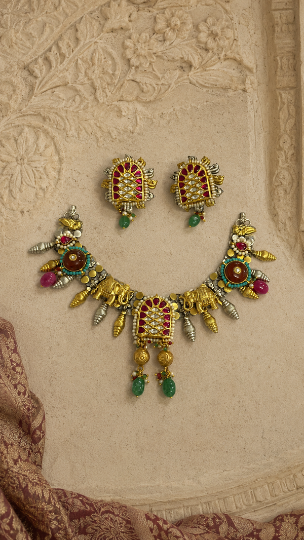 SILVER DUAL TONE POLISH RED, GREEN, TURQUOICE STONE NECKLACE SET