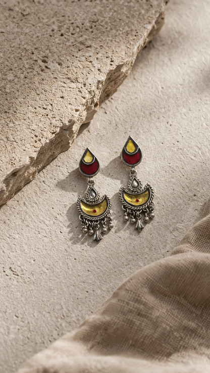 SILVER GLASS GOLDEN RED EARRINGS