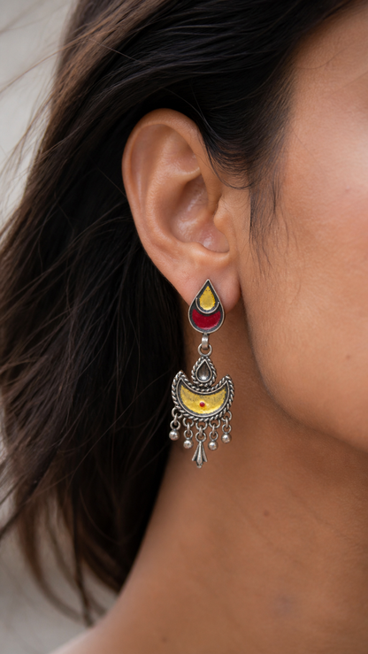 SILVER GLASS GOLDEN RED EARRINGS