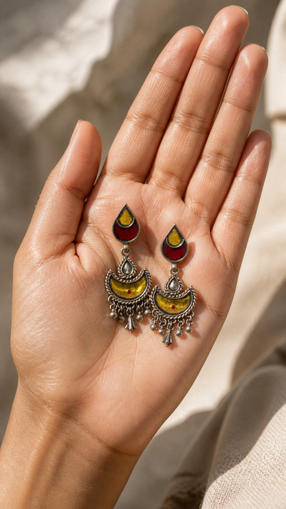 SILVER GLASS GOLDEN RED EARRINGS