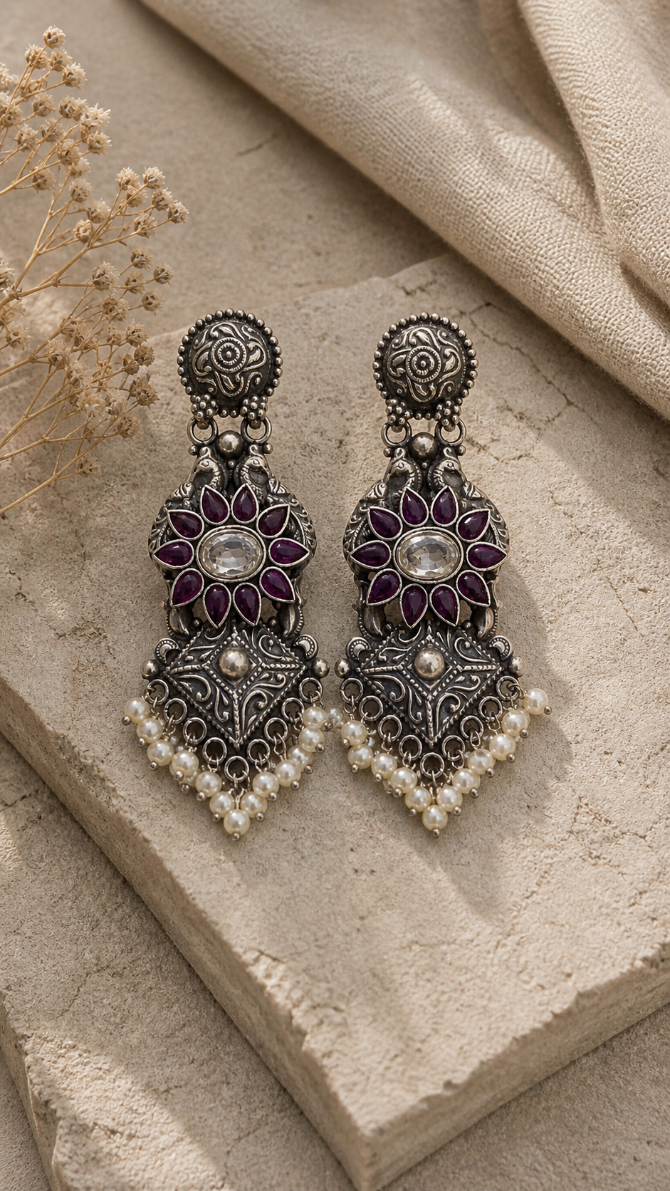 SILVER STONE OXIDISED EARRINGS