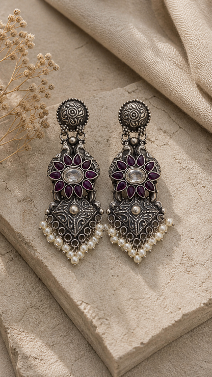 SILVER STONE OXIDISED EARRINGS