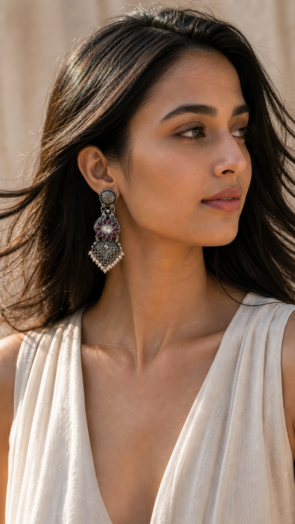 SILVER STONE OXIDISED EARRINGS