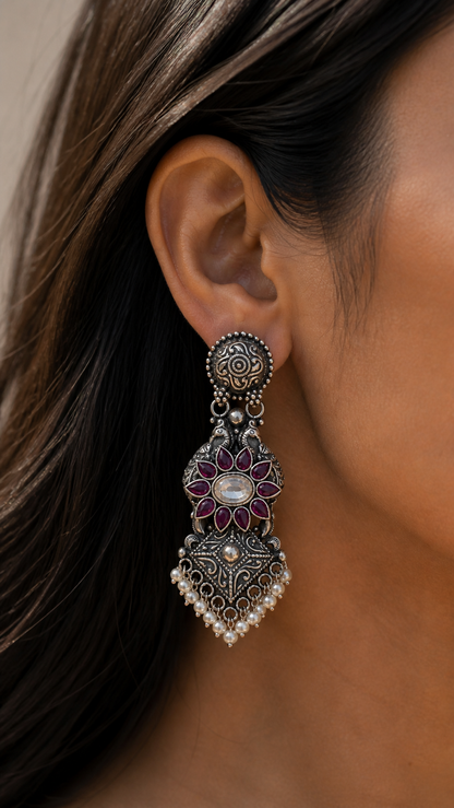 SILVER STONE OXIDISED EARRINGS