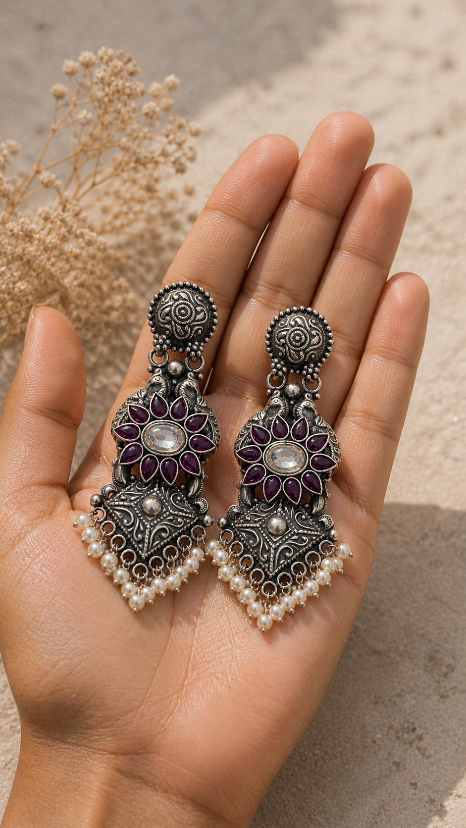 SILVER STONE OXIDISED EARRINGS