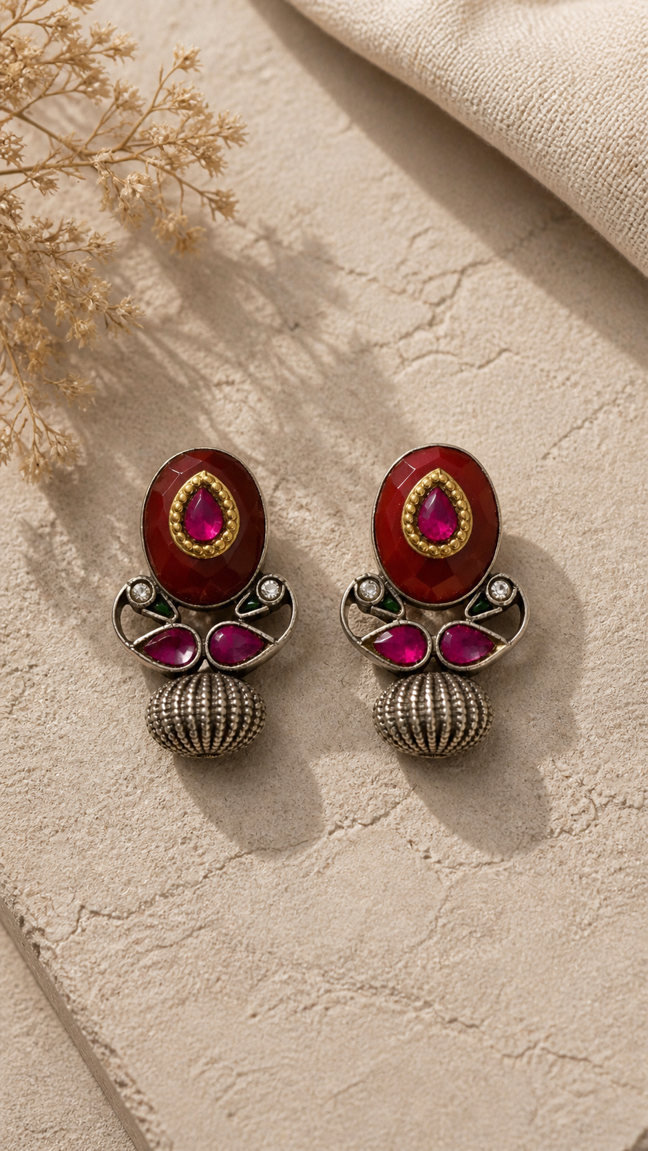 SILVER OXIDISED RED & WHTE STONE EARRINGS