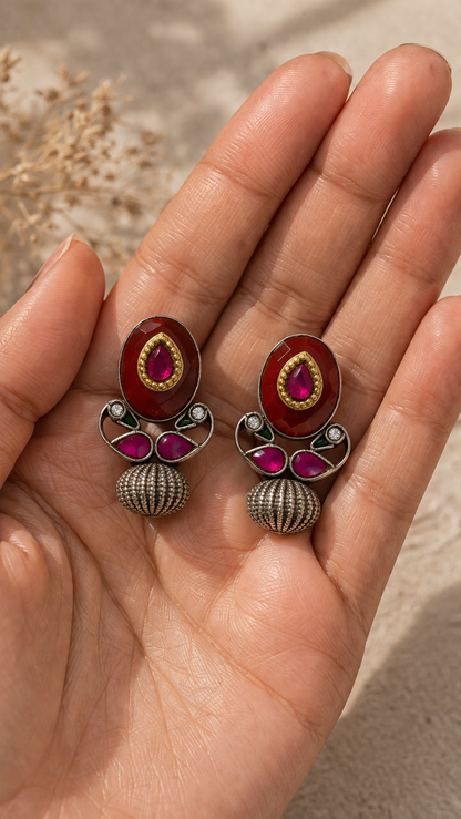SILVER OXIDISED RED & WHTE STONE EARRINGS