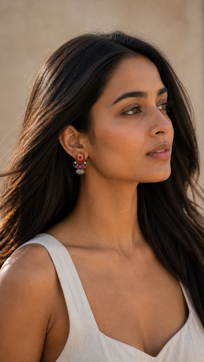 SILVER OXIDISED RED & WHTE STONE EARRINGS