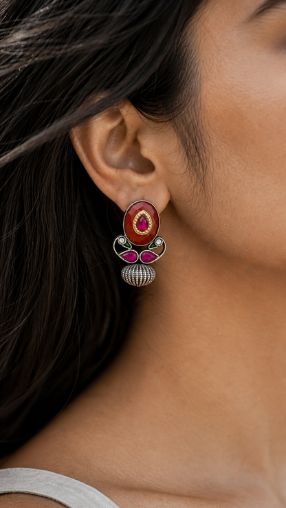 SILVER OXIDISED RED & WHTE STONE EARRINGS