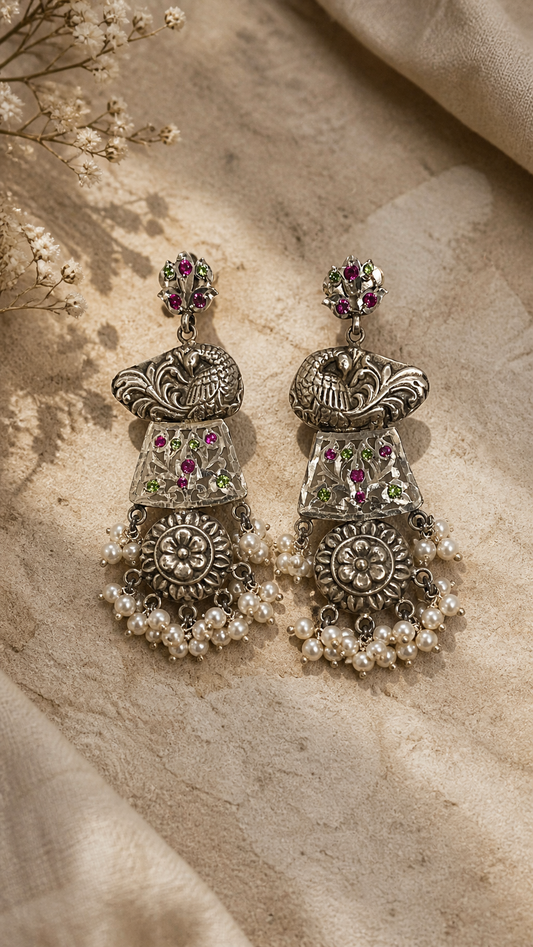 SILVER OXIDISED GREEN & RED STONE EARRINGS