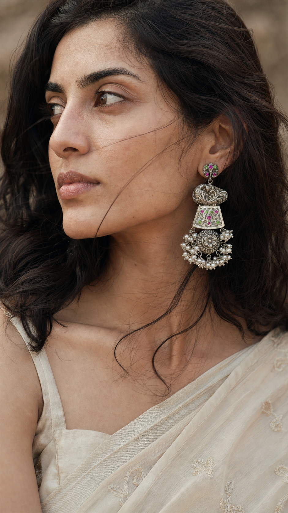 SILVER OXIDISED GREEN & RED STONE EARRINGS