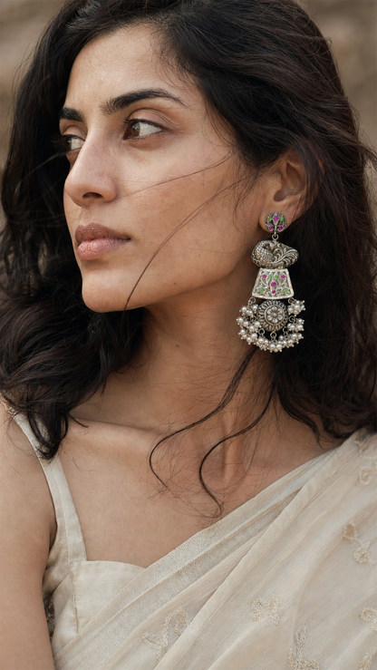 SILVER OXIDISED GREEN & RED STONE EARRINGS