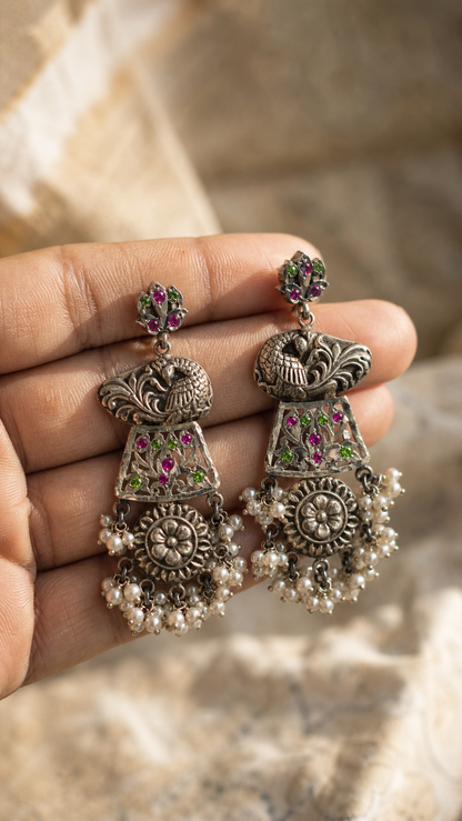 SILVER OXIDISED GREEN & RED STONE EARRINGS