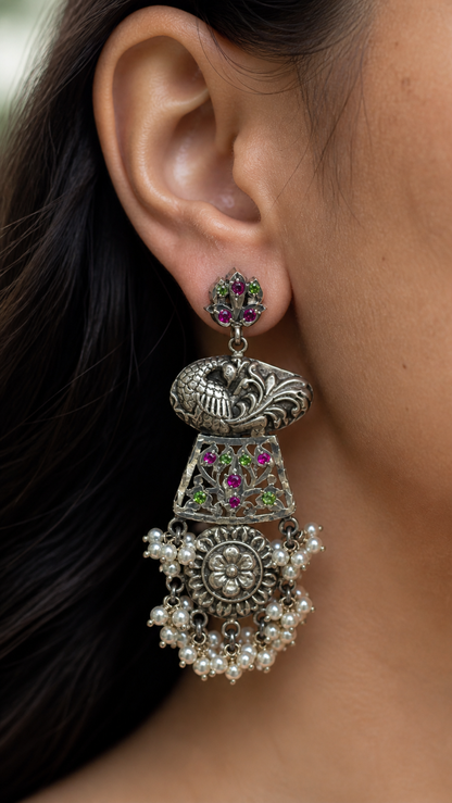 SILVER OXIDISED GREEN & RED STONE EARRINGS