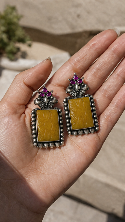 SILVER OXIDISED STONE EARRINGS