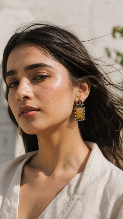 SILVER OXIDISED STONE EARRINGS