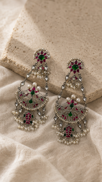 SILVER KUNDAN WHITE, RED & GREEN STONE EARRINGS