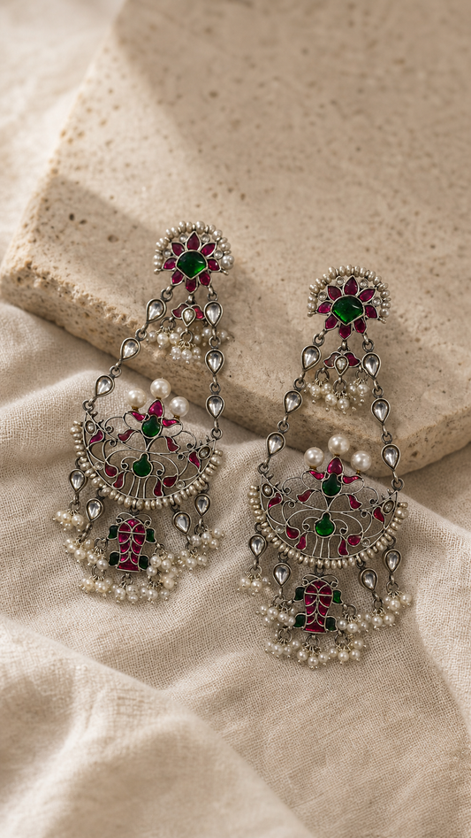 SILVER KUNDAN WHITE, RED & GREEN STONE EARRINGS
