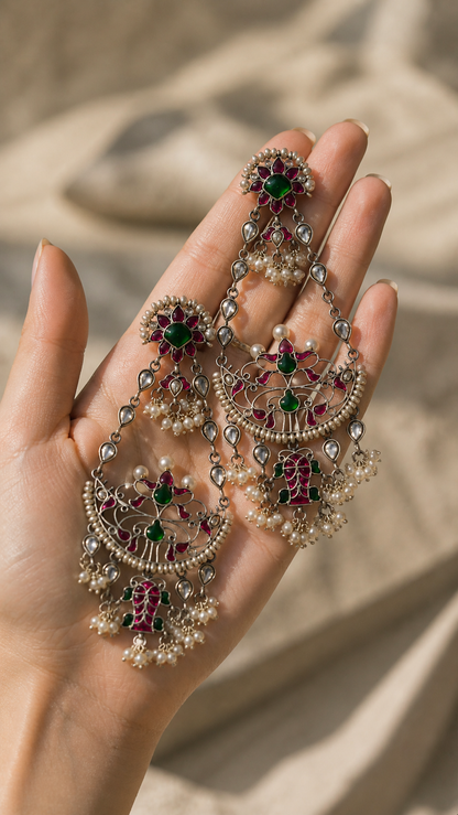 SILVER KUNDAN WHITE, RED & GREEN STONE EARRINGS