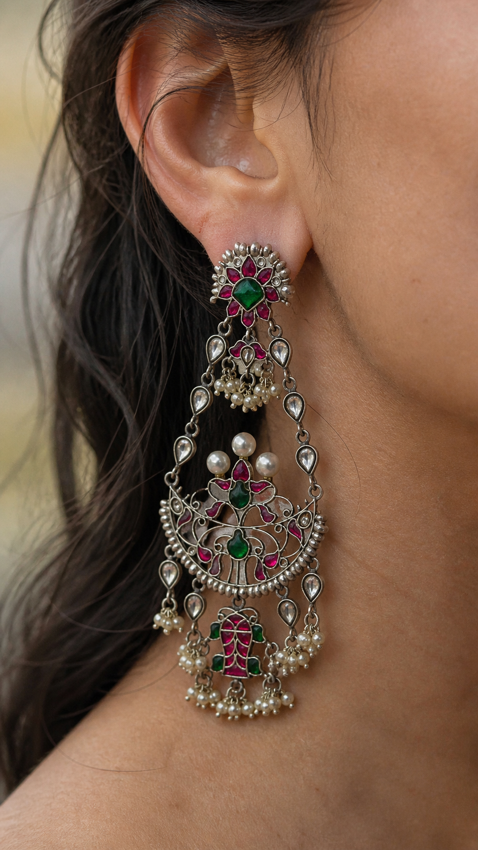 SILVER KUNDAN WHITE, RED & GREEN STONE EARRINGS