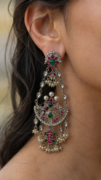 SILVER KUNDAN WHITE, RED & GREEN STONE EARRINGS