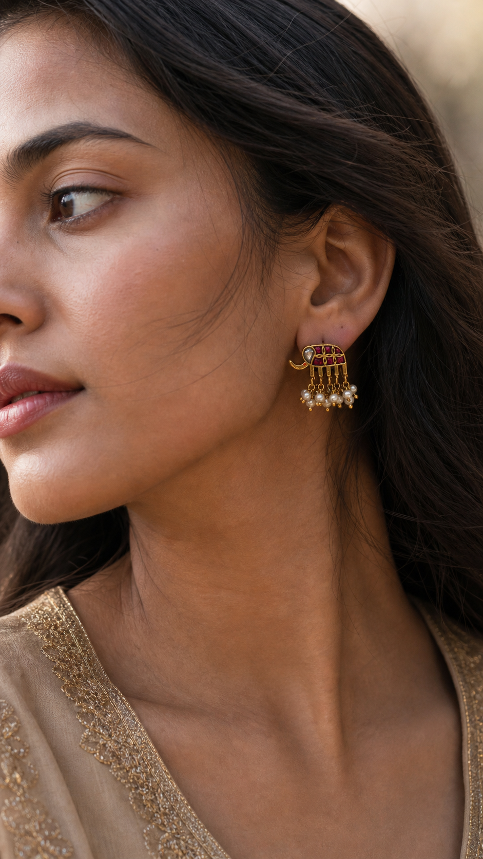 SILVER GOLD POLISH KUNDAN RED AND WHITE STONE EARRINGS