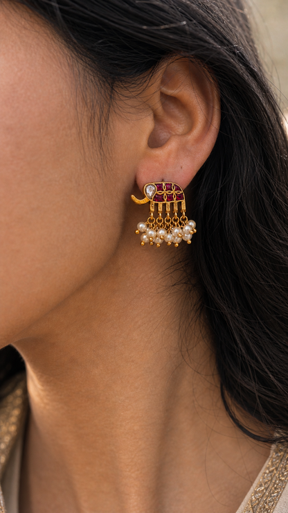 SILVER GOLD POLISH KUNDAN RED AND WHITE STONE EARRINGS