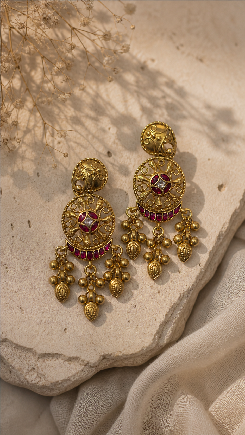 SILVER GOLD POLISH KUNDAN RED STONE EARRINGS