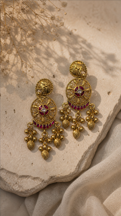 SILVER GOLD POLISH KUNDAN RED STONE EARRINGS