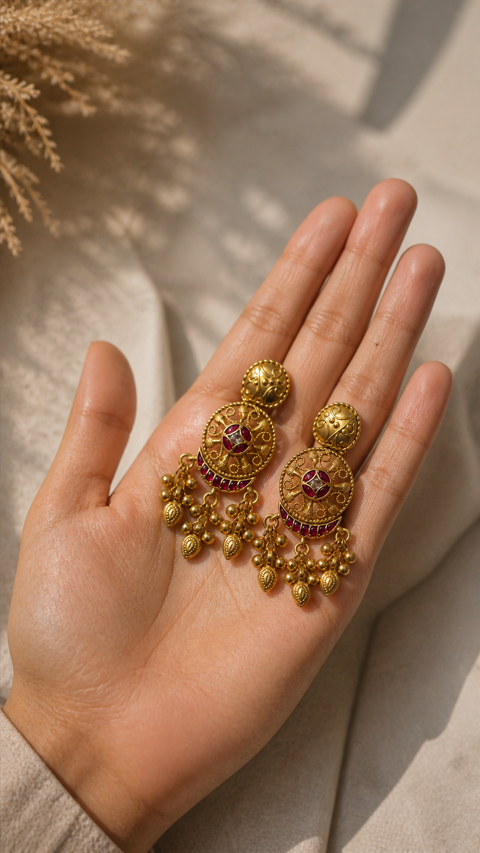 SILVER GOLD POLISH KUNDAN RED STONE EARRINGS