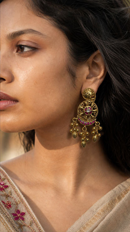 SILVER GOLD POLISH KUNDAN RED STONE EARRINGS