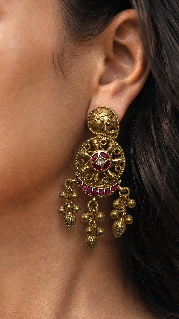 SILVER GOLD POLISH KUNDAN RED STONE EARRINGS