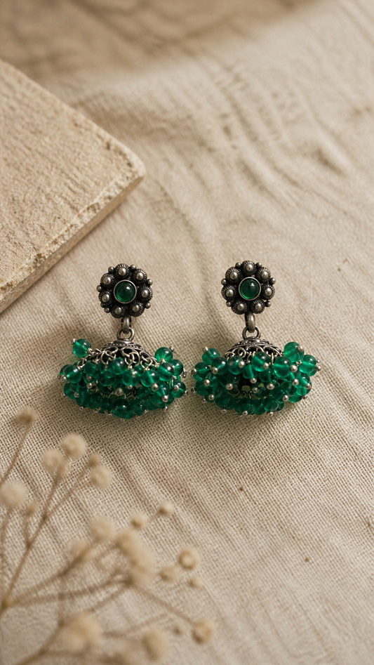 SILVER OXIDISED GREEN STONE EARRINGS