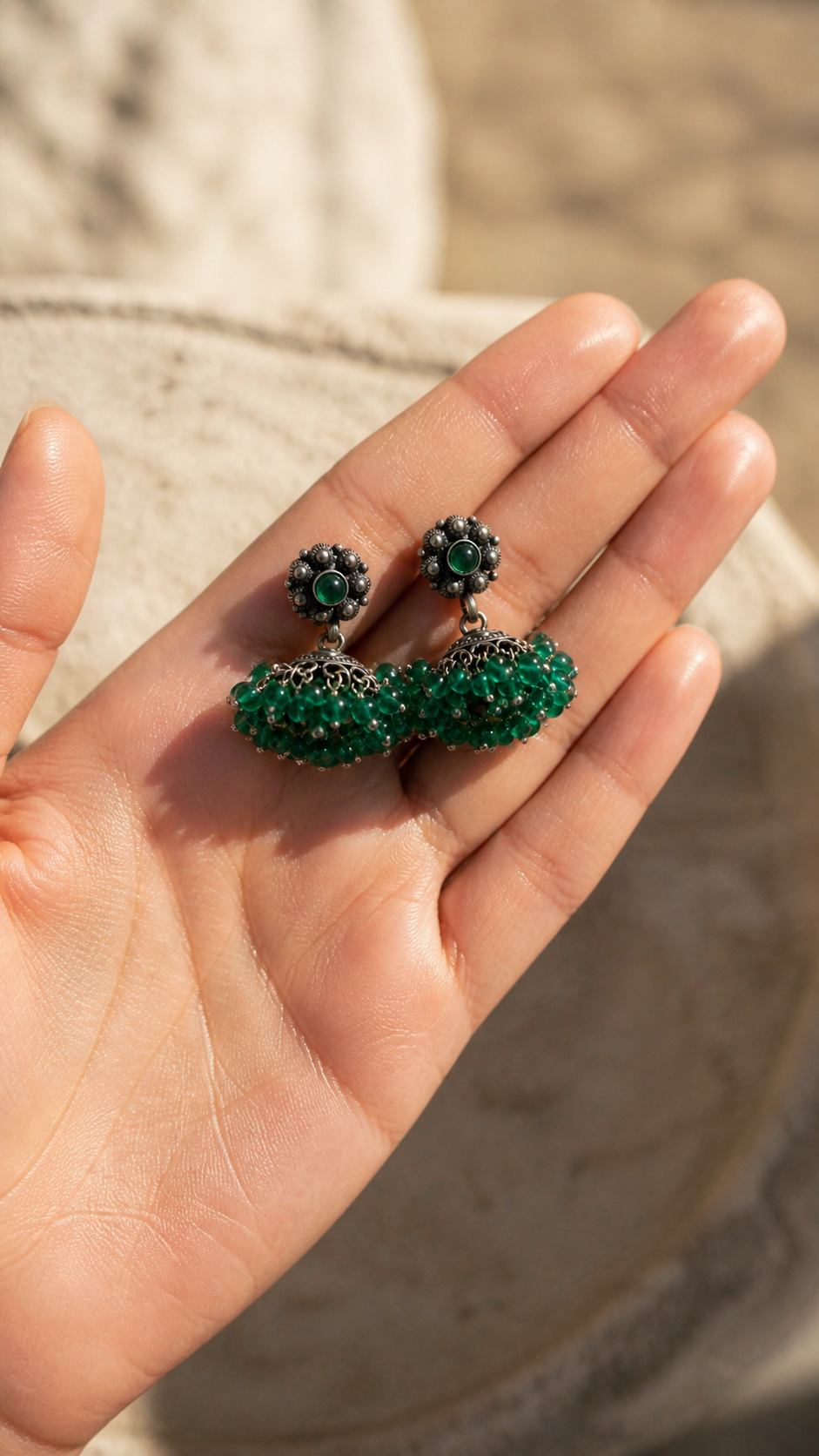 SILVER OXIDISED GREEN STONE EARRINGS